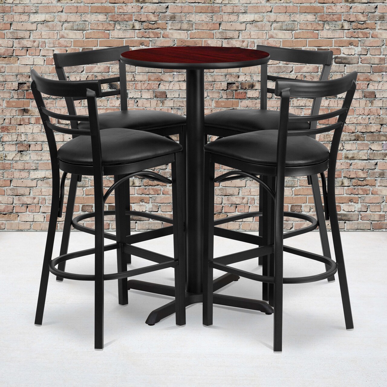 Emma and Oliver 24" Round Laminate X-Base Table Set with 4 Slat Ladder Back Stools